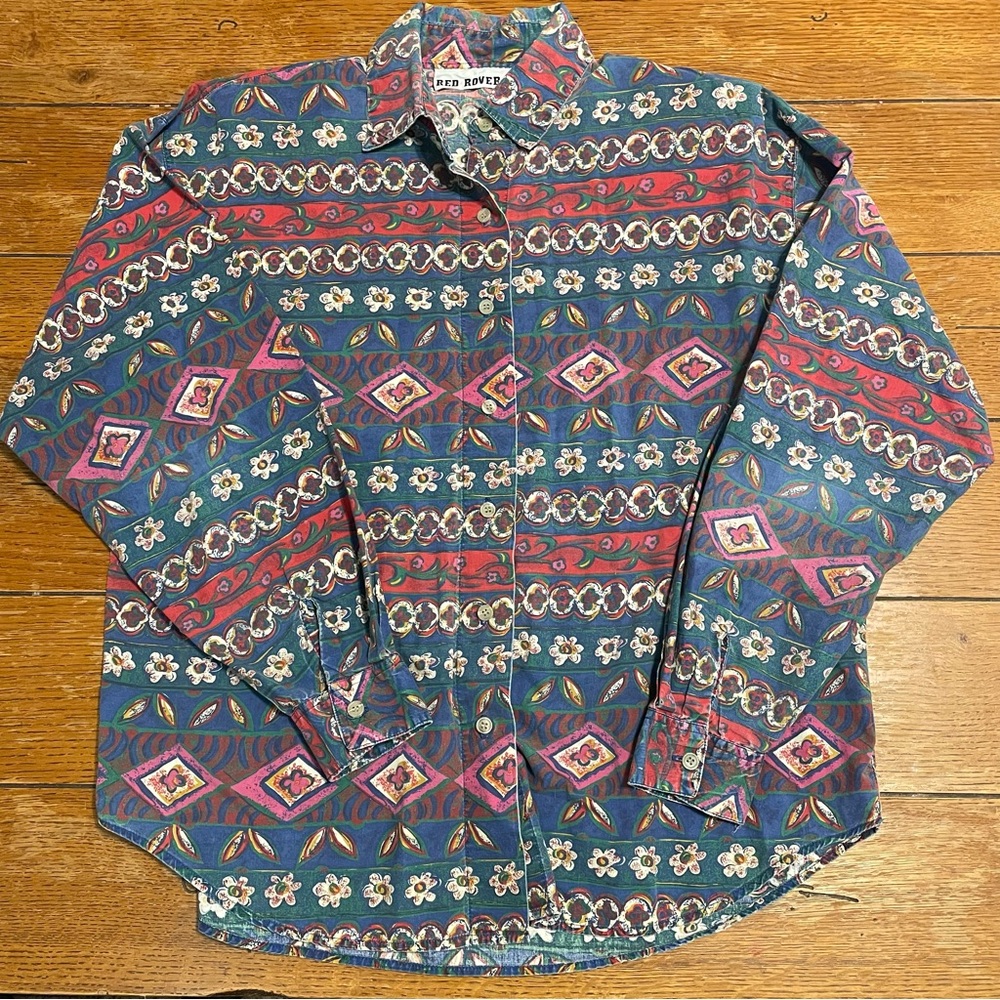 Vintage 90s Red Rover Floral Geometric Print Button-Up Blouse with shoulder pads